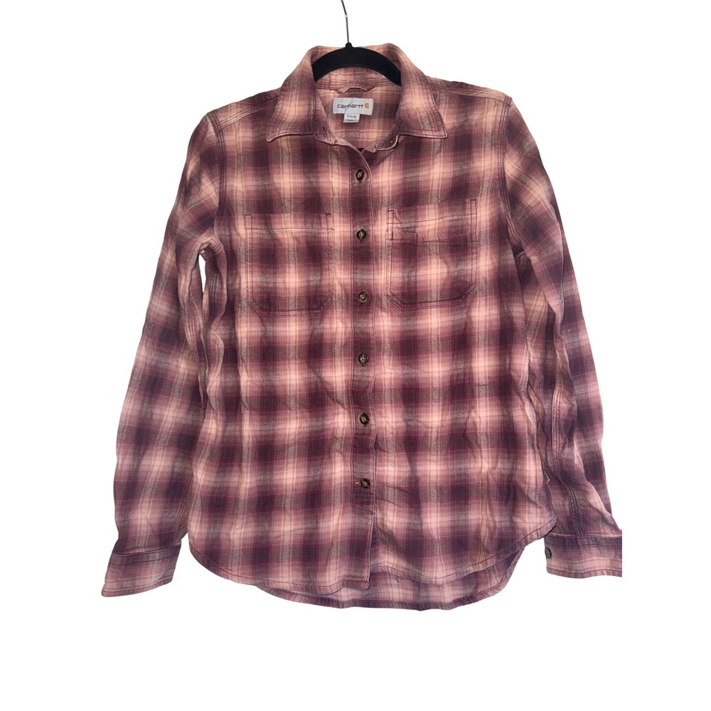 Carhartt Womens Flannel Plaid Shirt Size S‎ Button Up Long Sleeve Burgundy